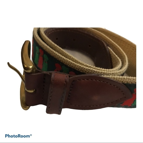 The Belted Cow Three Wise Labs Dog Belt Red Green Leather Trim Preppycore - Picture 3 of 6